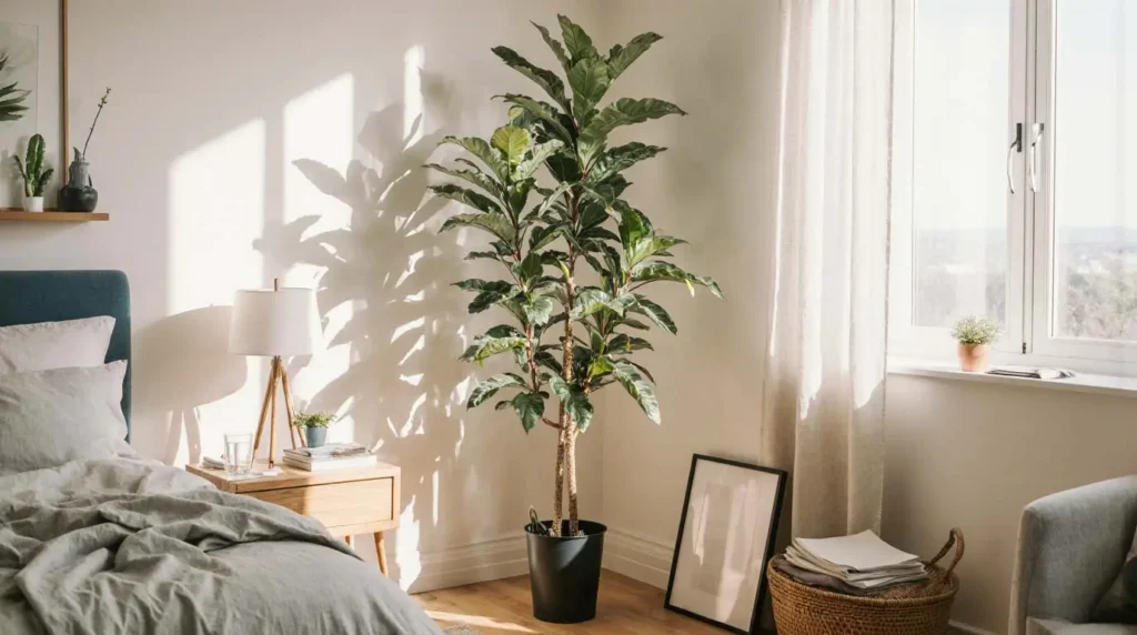 Veštčka bijka Fikus Lyrata u crnoj saksiji postavljena u spavaću sobu.